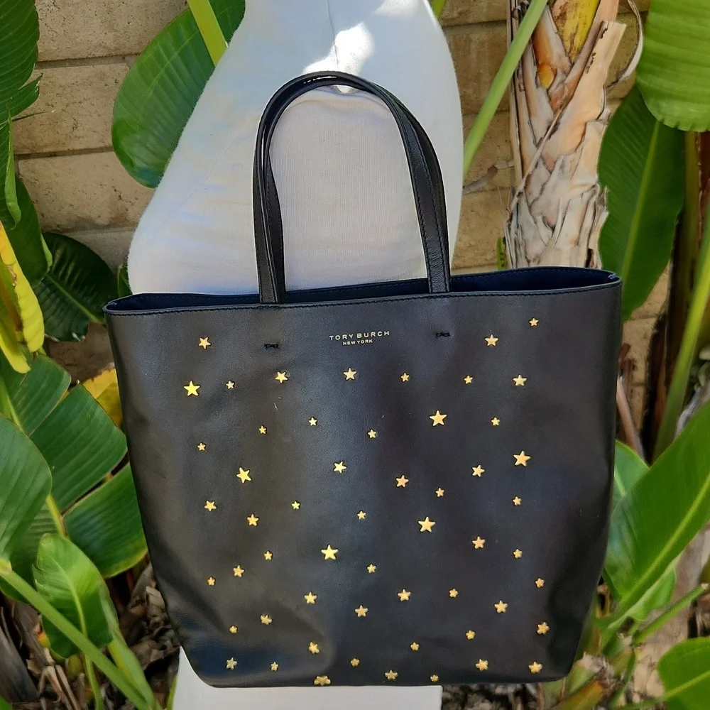Tory Burch Star Stud Black Leather Tote Bag Purse